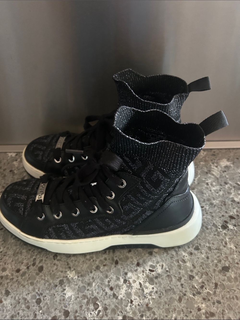 GUESS Black Knit High-Top Logo Sneakers with Silver Accents - Picture 3 of 6